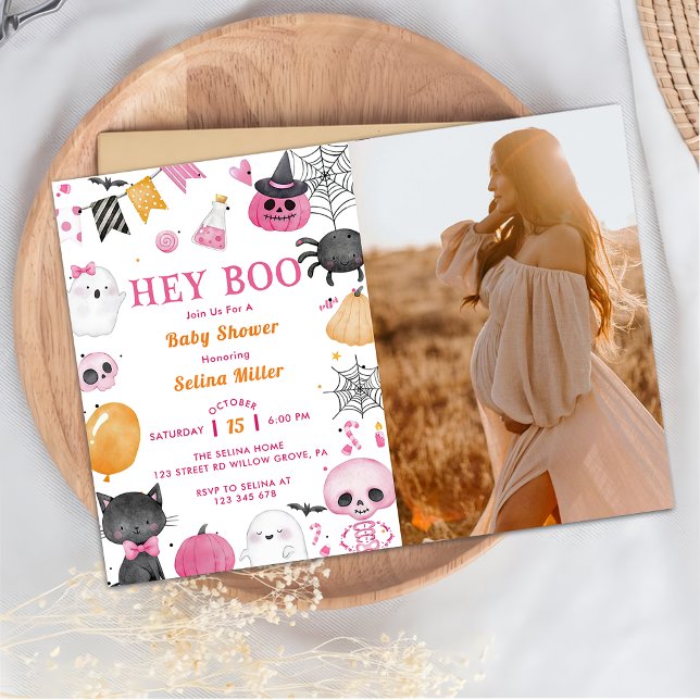Hey Boo! Pink Halloween Baby Dusche Foto Einladung (Von Creator hochgeladen)