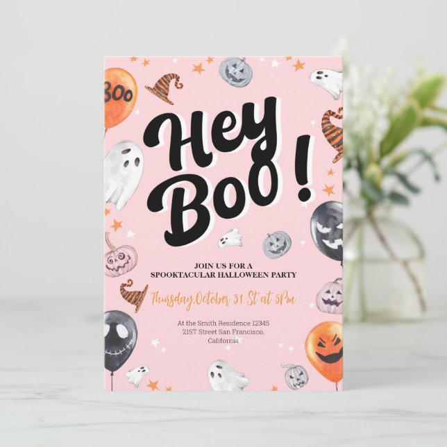 Hey Boo Spooktacular Halloween-Party Einladung (Stehend Vorderseite)