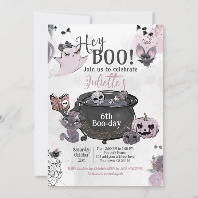 Hey Boo Witch Cauldron Birthday Einladung (Vorderseite)