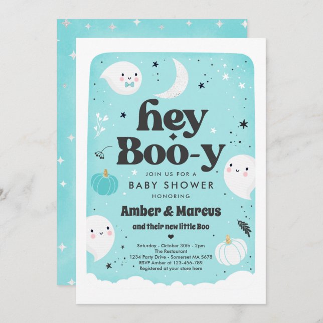 Hey Boo-y Blue Boy Ghost Baby Shower Einladung (Vorne/Hinten)
