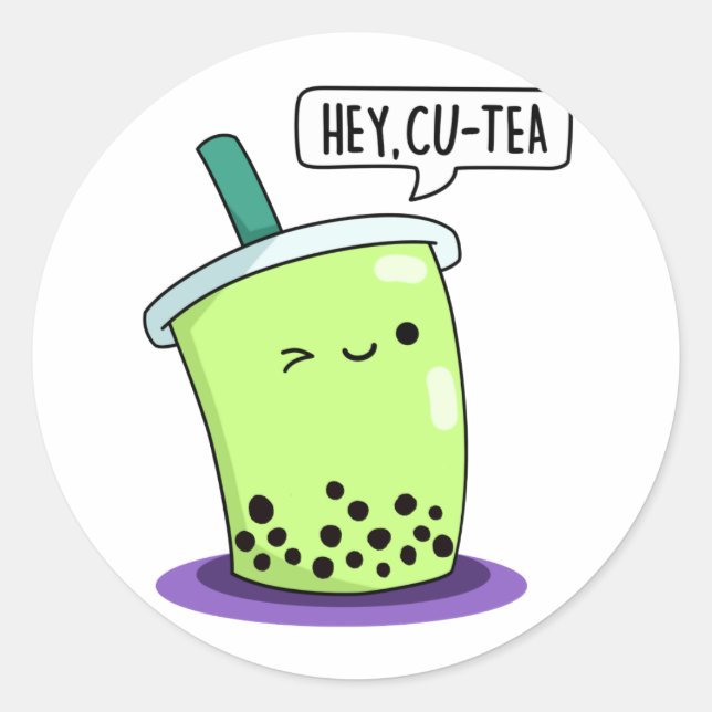 Hey Cu-Tea Funny Boba Tea Pun Runder Aufkleber (Vorderseite)