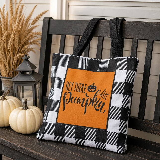 Hey Da Pumpkin Orange Halloween Buffalo Kariert (A bright orange center panel adds classic Halloween color to this black-and-white plaid tote.)