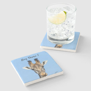 Hey, es lustiges Giraffe-Foto mit Text Steinuntersetzer
