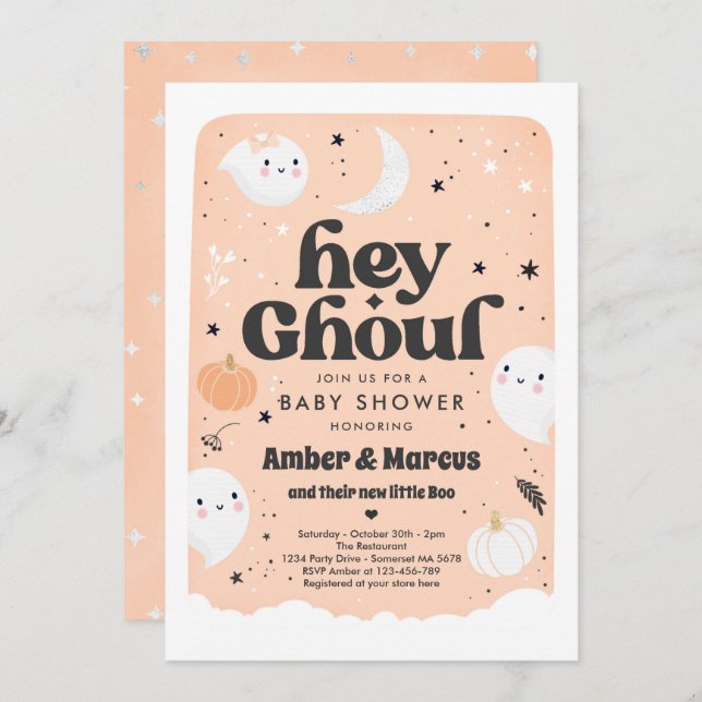 Hey Ghoul Peach Girl Ghost Baby Shower Einladung (Vorne/Hinten)