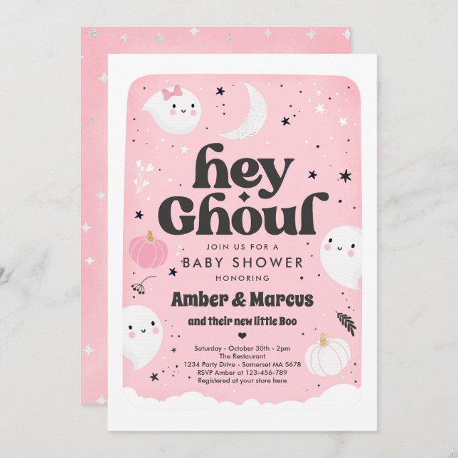 Hey Ghoul Pink Girl Ghost Baby Shower Einladung (Vorne/Hinten)
