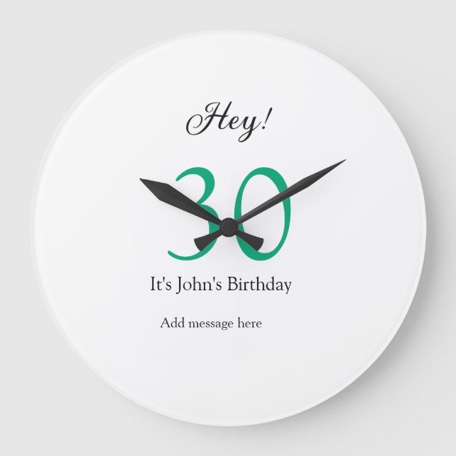 Hey it's 30th birthday green black bold letter nam große wanduhr (Vorderseite)