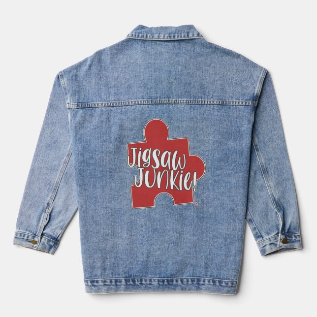 Hey Jigsaw Junkie Puzzle Hobby Logo Fun Art Jeansjacke (Rückseite)