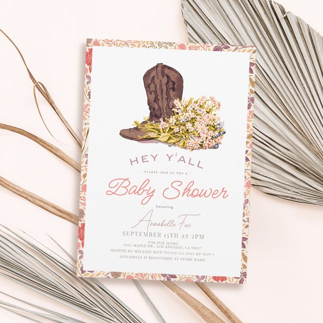 Hey Y'all Cowboy Boot & Bouquet Girl Baby Shower Einladung (Hey Y'all Cowboy Boot & Bouquet Cowgirl Baby Shower Collection)