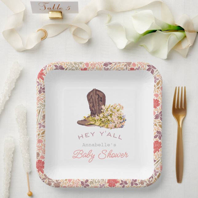 Hey Y'all Cowboy Boot & Bouquet Girl Baby Shower Pappteller (Hochzeit)