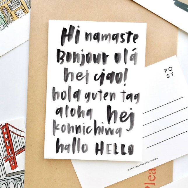 Hi Hello Multilingual World International Language Postkarte (Black and white watercolor lettering language travel postcard.)