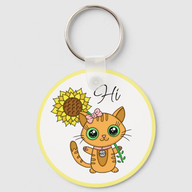 Hi und Hugs | Niedliche Katze mit Sonnenblume Schlüsselanhänger (Vorderseite)