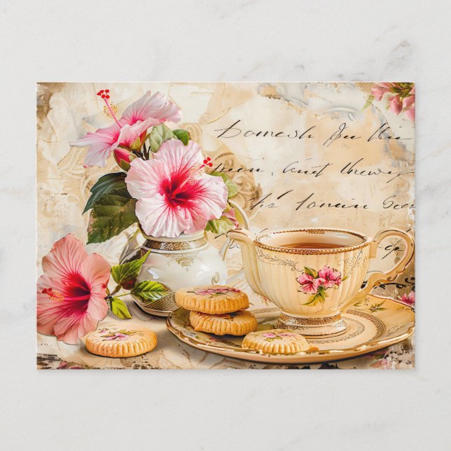 Hibiscus Blossoms with Fantasy Script and Tea Cup Postkarte (Vorderseite)
