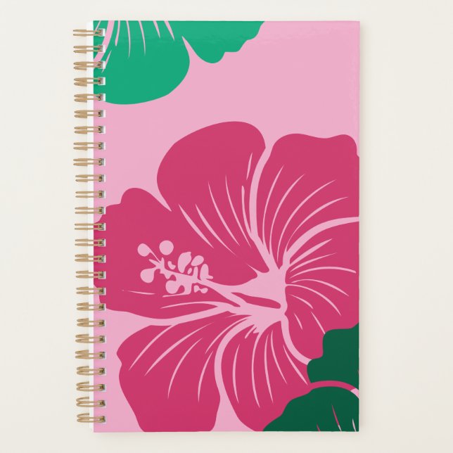 Hibiscus Flower Hot Pink with Green Leaves Planer (Vorderseite)