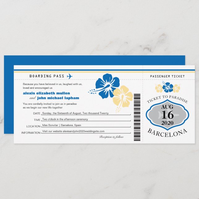 Hibiscus Flowers Spain Boarding Pass Wedding Einladung (Vorne/Hinten)