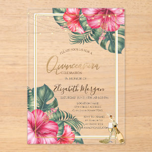 Hibiscus, Goldene Absätze Glitter Quinceanera Acryleinladungen