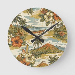 Hibiscus-Insel Hawaiian Scenic - Gold und Orange Runde Wanduhr