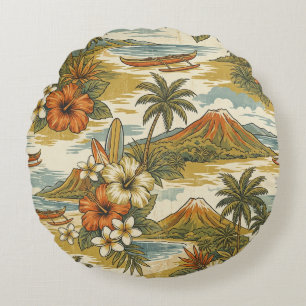 Hibiscus-Insel Hawaiian Scenic - Gold und Orange Rundes Kissen