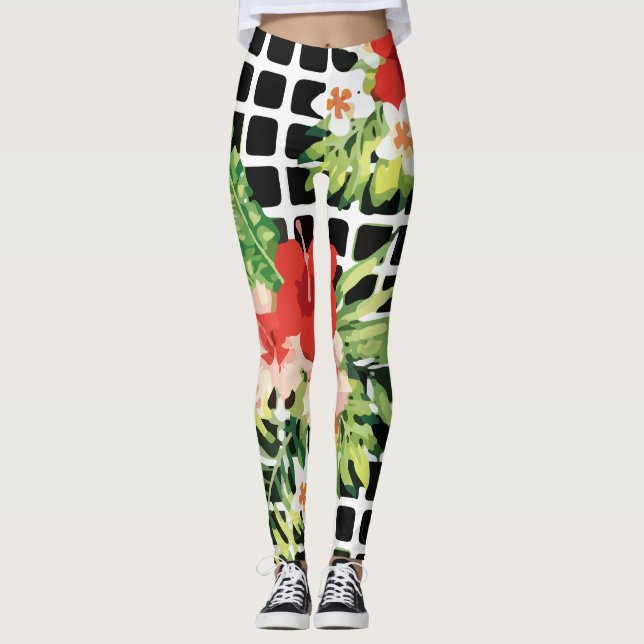 Hibiscus Palm Leaves Tropical Pattern Leggings (Vorderseite)