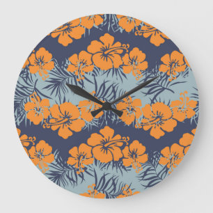 Hibiscusblüten: Vintage-Blumen-Wallpaper Große Wanduhr