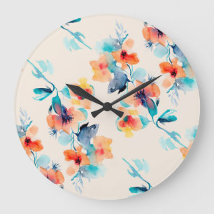 Hibisken-Blume: Illustrationsmuster für Wasserfarb Große Wanduhr