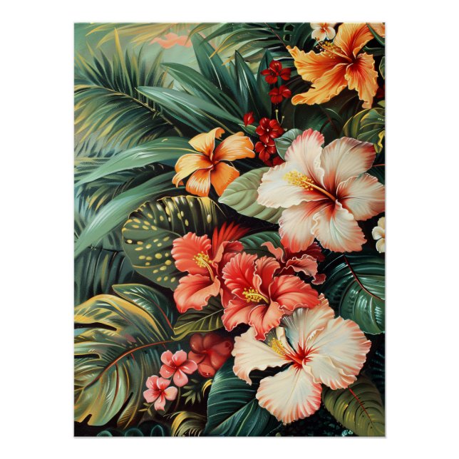Hibisken Blume Palm Fronds Tropical Decoupage Poster (Vorderseite)