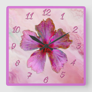 Hibisken Design Blumenuhr in Pinks Quadratische Wanduhr