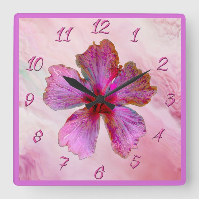 Hibisken Design Blumenuhr in Pinks Quadratische Wanduhr (Vorderseite)