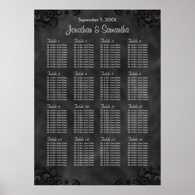 Hibiskus Black 16 Tables Hochzeitsdiagramm Poster (Vorne)