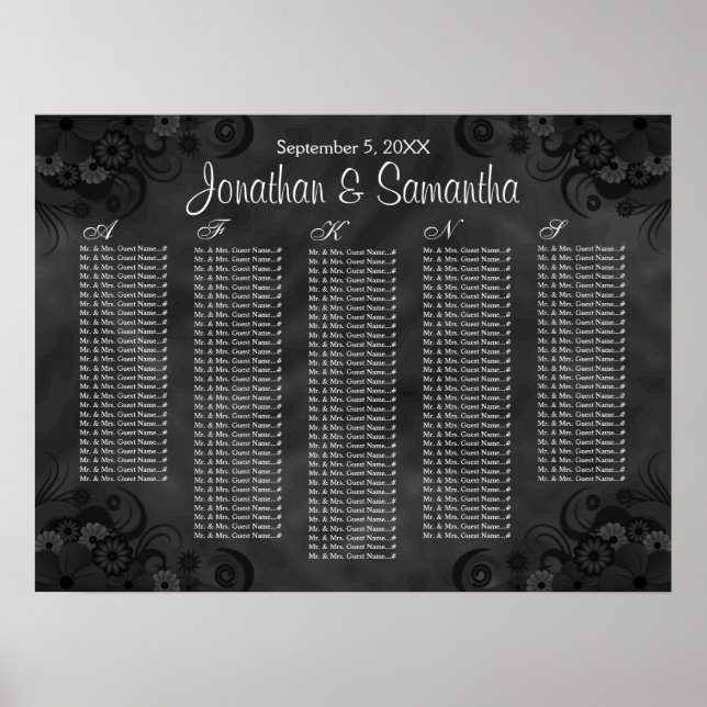 Hibiskus Black Floral Wedding Table Seating Charts Poster (Vorne)