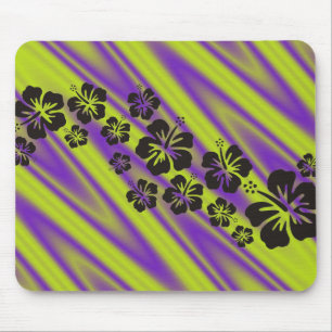 Hibiskus blüht in Schwarz grüne violette Wellen Mousepad