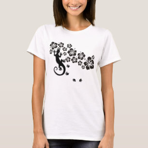 Hibiskus blüht schwarz mit Gecko T-Shirt