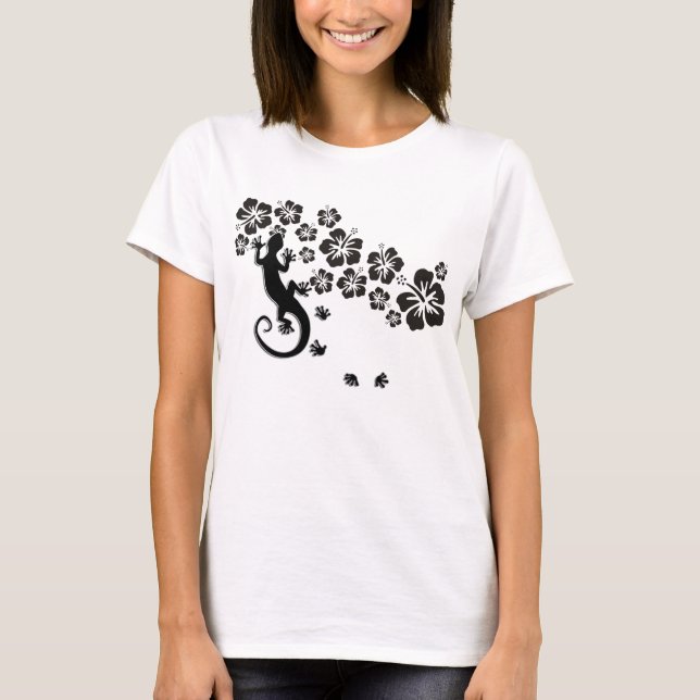 Hibiskus blüht schwarz mit Gecko T-Shirt (Vorderseite)