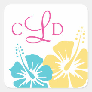Hibiskus-Blume-Monogramm-Hochzeit Quadratischer Aufkleber