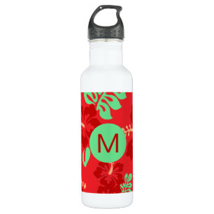Hibiskus-Blume rotes Troisches Muster Monogramm Edelstahlflasche