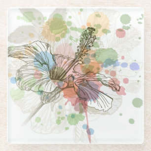Hibiskus-Blume u. Watercolorhintergrund Glasuntersetzer