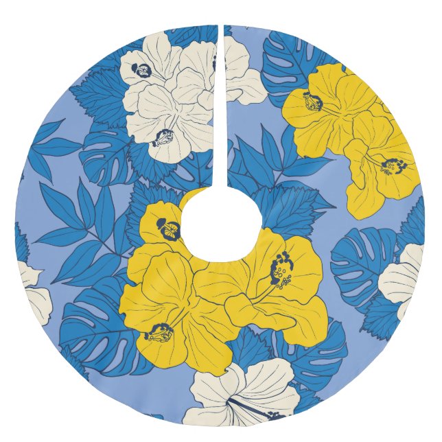 Hibiskus Blume und Blätter Polyester Weihnachtsbaumdecke (Vorderseite)