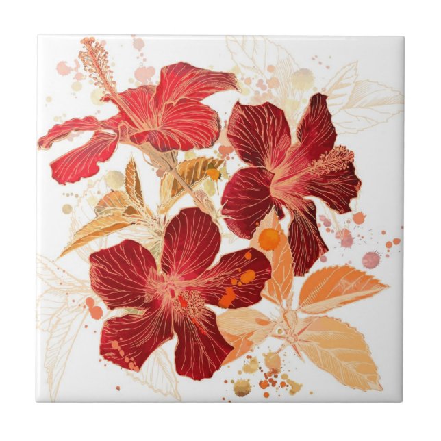 Hibiskus-Blume - Watercolorfarbe 2 Fliese (Vorderseite)