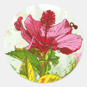 Hibiskus-Blume - Watercolorfarbe Runder Aufkleber