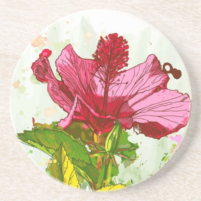 Hibiskus-Blume - Watercolorfarbe Sandstein Untersetzer (Vorne)