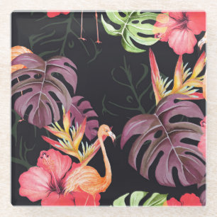 Hibiskus, Flamingos, tropisches Watercolor-Muster. Glasuntersetzer