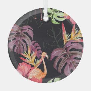 Hibiskus, Flamingos, tropisches Watercolor-Muster. Ornament Aus Glas