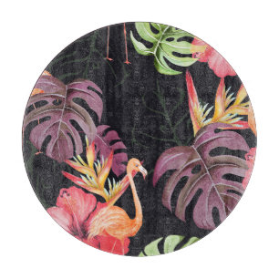 Hibiskus, Flamingos, tropisches Watercolor-Muster. Schneidebrett