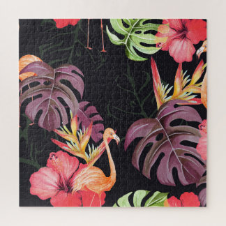 Hibiskus, Flamingos, Wasserfarben-Tropenmuster. Puzzle