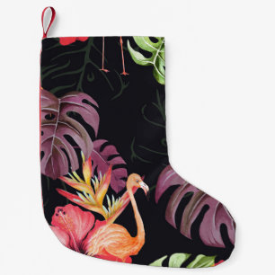 Hibiskus, Flamingos, Wasserfarbenes Tropenmuster. Kleiner Weihnachtsstrumpf