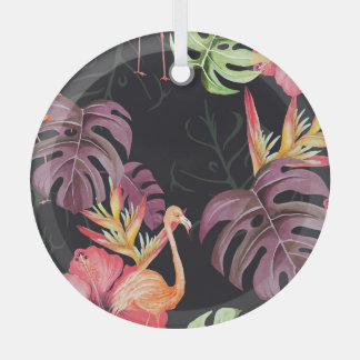 Hibiskus, Flamingos, Wasserfarbenes tropisches Mus Ornament Aus Glas