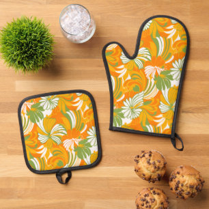 Hibiskus Jungle Hawaiian Tropenblumenorange Ofenhandschuh & Topflappen-Set