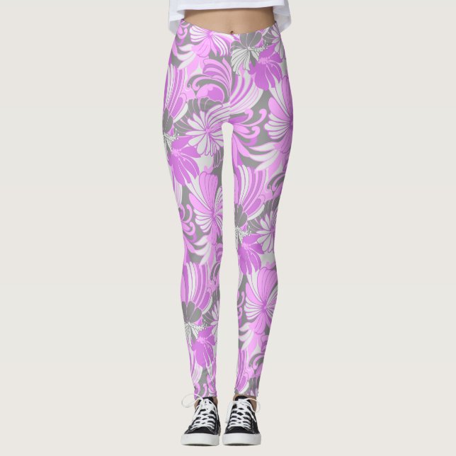 Hibiskus Jungle Hawaiian Tropical Floral Violet Leggings (Vorderseite)