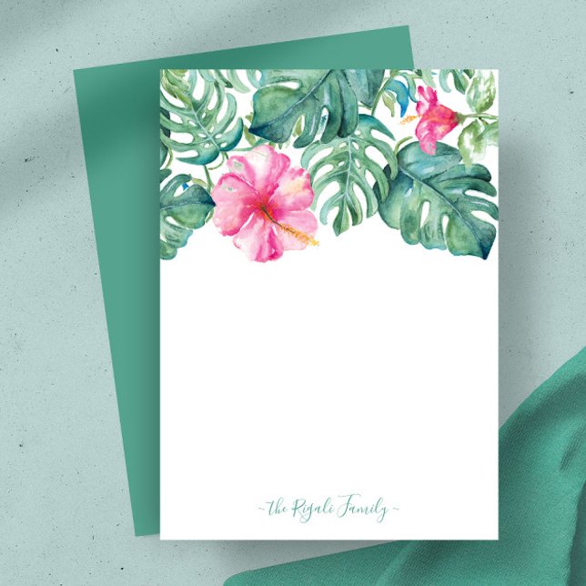 Hibiskus mit Aquarellfarbe Personalisiert Geschirr Mitteilungskarte (Pink hibiscus flower and monstera palm leaves notecard watercolor art by Victoria Grigaliunas)