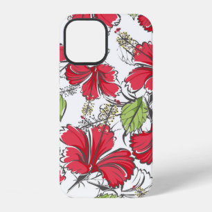 Hibiskus-Muster mit tropischen Blättern und Blumen iPhone 12 Hülle