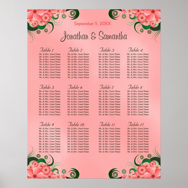 Hibiskus Pink DIY 12 Tische Hochzeitstabelle Poster (Vorne)